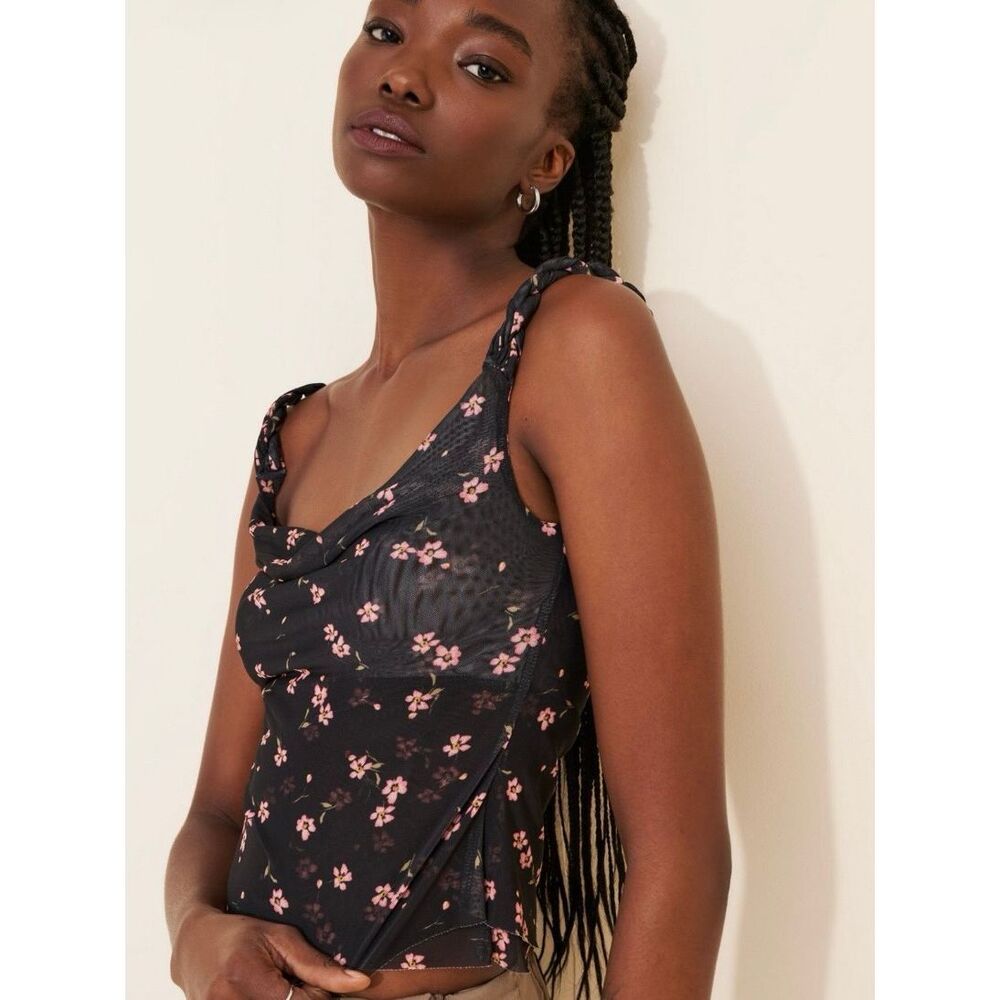 Free People Sz L AFRM Asher 2-Ply Mesh Cowl Top Black Pink Floral Sheer Draped T - Picture 4 of 12